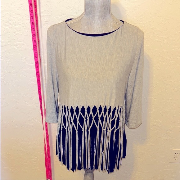 IC by Connie K Gray and Black Fringe Women's Bamboo 3/4 sleeve Top. Sz. Large - Picture 1 of 7